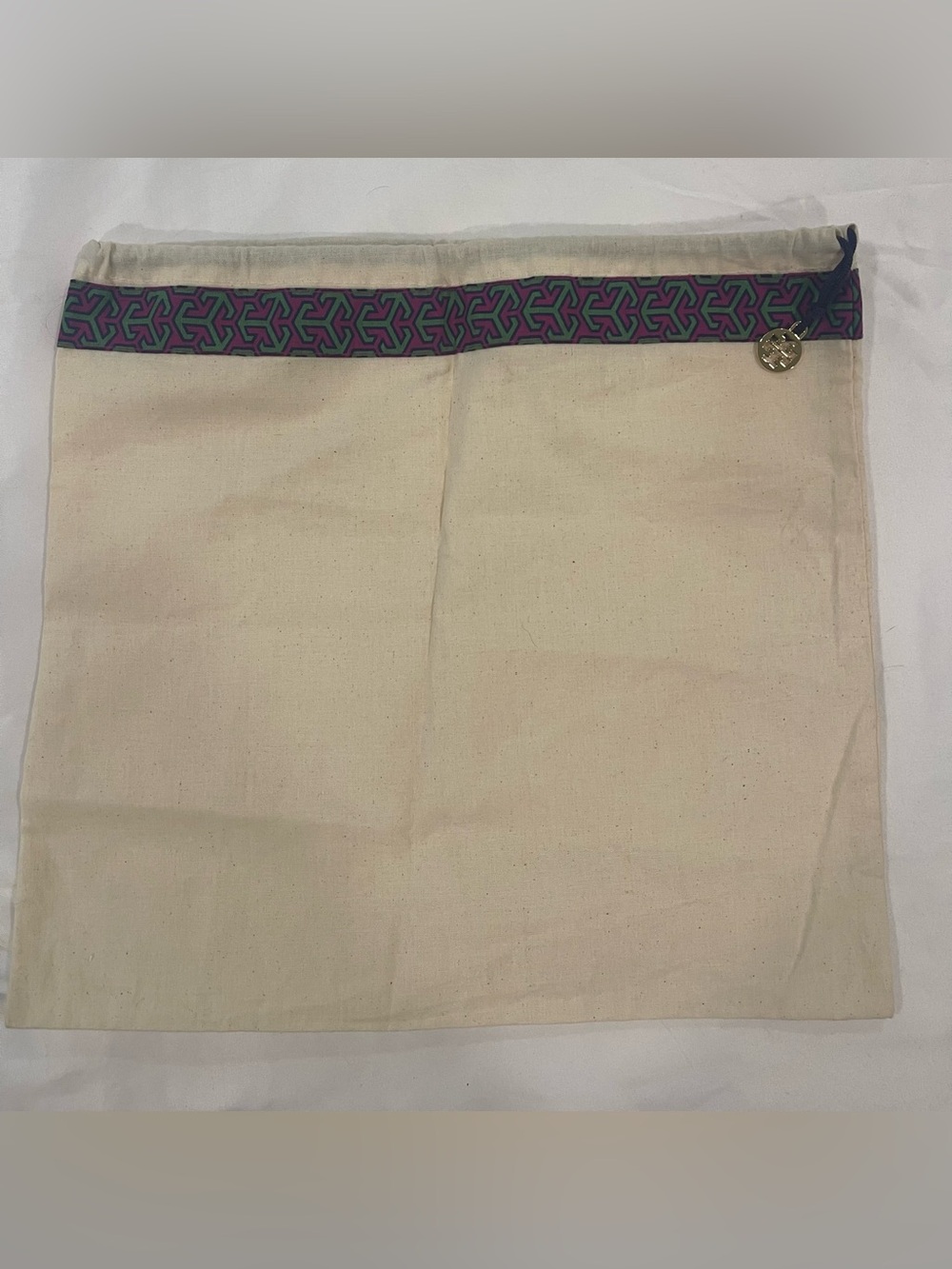 Tory Burch Cream dust bag with Purple and Green Trim15x14 for shoes, bags, etc